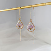 Teardrop Real Pressed Flower Earrings -  14k Gold Threader Earrings - Resin flower dangle earrings